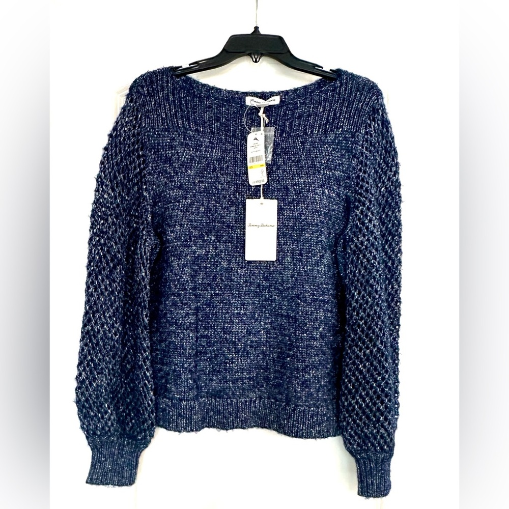 Tommy Bahama Wool Blend Shimmer Ballon Sleeve Island Navy Sweater size Med. NWT - Picture 2 of 11